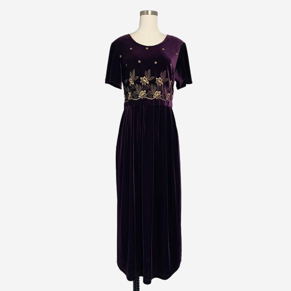 Vintage 90s Another Thyme Plum purple velvet floral embroidered midi medieval L - Picture 2 of 11